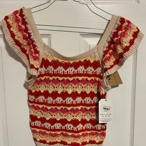 Blu Pepper Red and Cream Ruffled Flutter Sleeve Crochet Tank Top